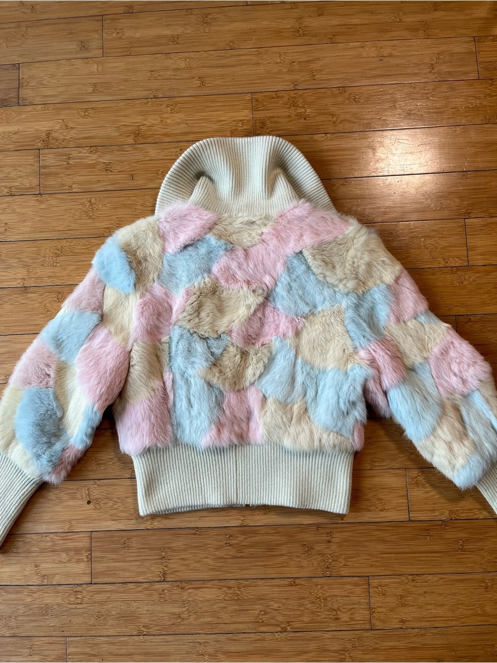Y2K Vintage bebe Pastel Rabbit Fur Bomber Jacket - Cotton Candy Cream - Picture 11 of 12
